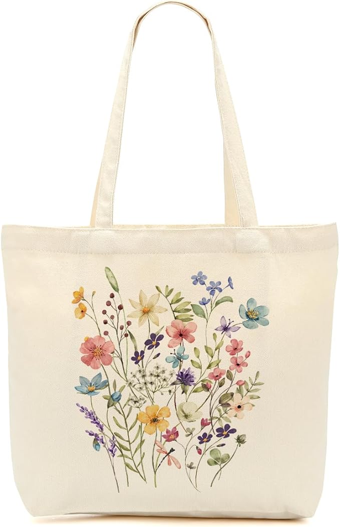 Aesthetic Floral Canvas Tote Bag for Women with Pocket, Tote Bags for Grocery Shopping Travel Christmas Birthday