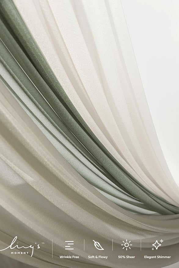 Ling's moment Wedding Arch Draping Fabric 3 Panels 20Ft Sage Green Chiffon Fabric,Sheer Hanging Drapes Arrangement for Wedding Ceremony Backdrop Outdoors Party Swag Home Decor (White & Sage)