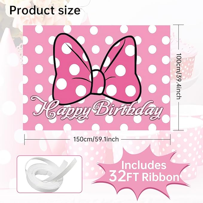 Pink Cartoon Dot Birthday Party Backdrop Banner with Bow Design, 59.1 x 39.4 inches, Photo Background with 32ft Ribbon