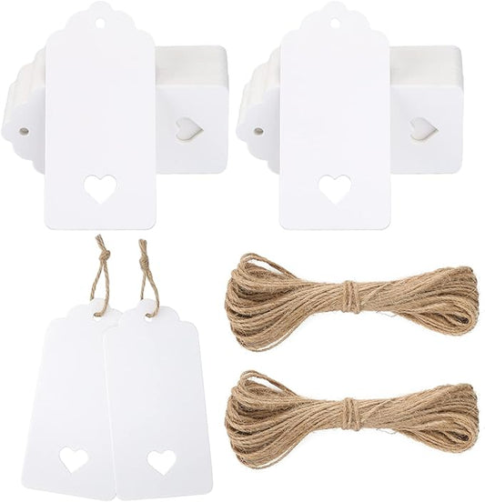 jijAcraft 100Pcs Gift Tags with String, White Paper Tag with Hollow Heart, 3.7 x 1.7Inch Blank Gift Wrapping Hangtag, Party Favors Tag for Wedding, Birthday, Baby Shower