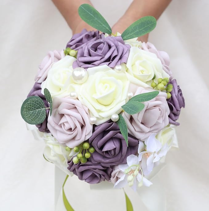 Lightweight Bridal Wedding Bouquet Round Holding Bouquet Throw Toss Artificial Rose Flower Bunch for Bride Bridesmaid Wedding Quinceanera (Cream, Deep Taro & Light Taro, 7.9")