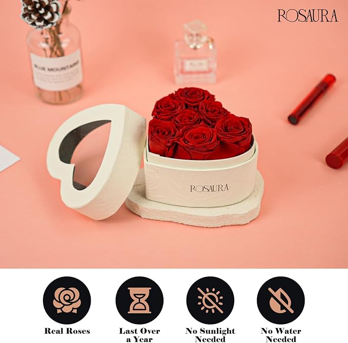 Rosaura Heart-Shaped Preserved Roses Gift Box - Real Forever Flowers for Birthday, Valentine's & Mother's Day (red, 7 roses)