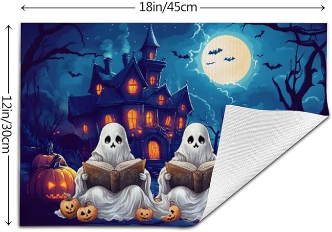 PVC Placemats Set of 1 Wipeable Table Mats Washable Heat Resistant Non Slip Vinyl Dining Table Mat for Kitchen Indoor Outdoor Patio Farmhouse Place Mats Halloween Pumpkin Ghosts Castle Decorative