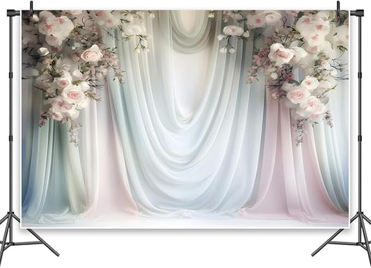 Leowefowa Floral Backdrop for Wedding Decor Pink Rose Flower White Curtain Wall Photography Background for Baby Shower Wedding Anniversary Ceremony Party Decorations Banner Studio Props 15x8ft Vinyl