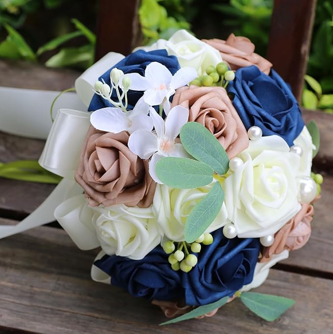 Lightweight Bridal Wedding Bouquet Round Holding Bouquet Throw Toss Artificial Rose Flower Bunch for Bride Bridesmaid Wedding Quinceanera (Cream, Navy & Rosy Brown, 6.7")