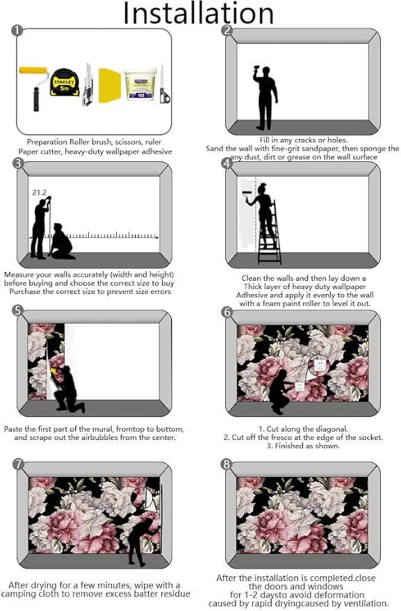 Dark Background Watercolor Peony Seamless Floral Wallpaper, Large Art Background Wall Mural for Decorated Bedroom and Living Room(Non-self-Adhesive)