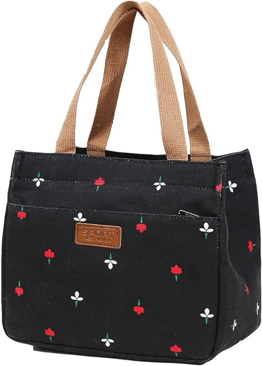 Dreubea Women's Floral Print Canvas Tote Bag - Small Reusable Shopping Handbag for Groceries, Takeout, Eco-Friendly Purse