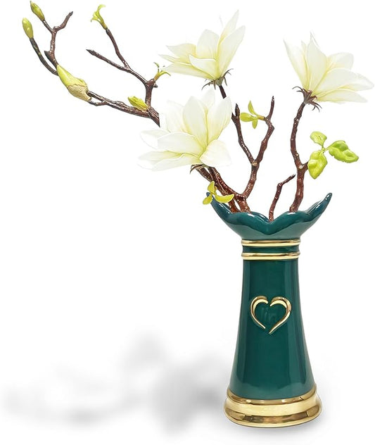 LoveLin,Artificial Flowers with Ceramic Vases,Faux Flower Arrangement,Affordable Luxury Artwork,Housewarming New Year Xmas Gift,Home Decor (White/Dark Green)