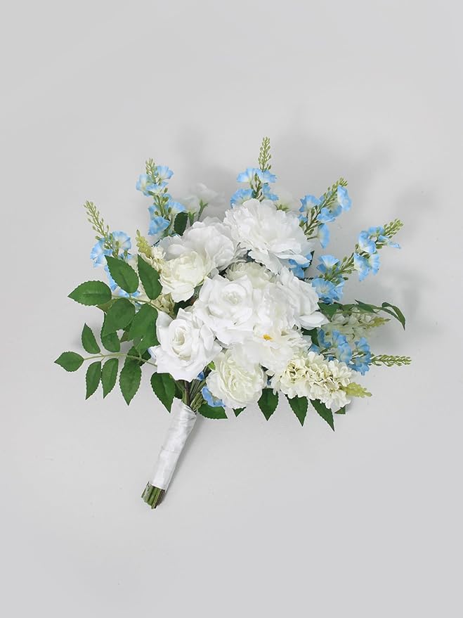 Rinlong 17.7" Wide Wedding Bouquets for Bride Baby Blue Delphinium White Bridal Bouquet for Wedding Artificial Flowers Bouquets