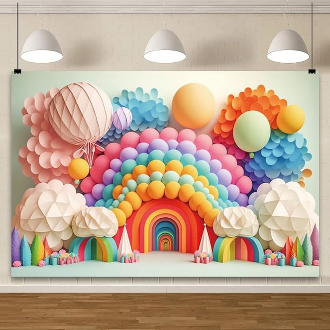 YongFoto Paper Flowers Backdrop 8x6ft Colorful Cut Paper Floral Blossom Rainbow Arch Hot Air Balloon Honeycomb Ball Photography Background Lovely Party Banner Home Decor Photo Studio Booth Props