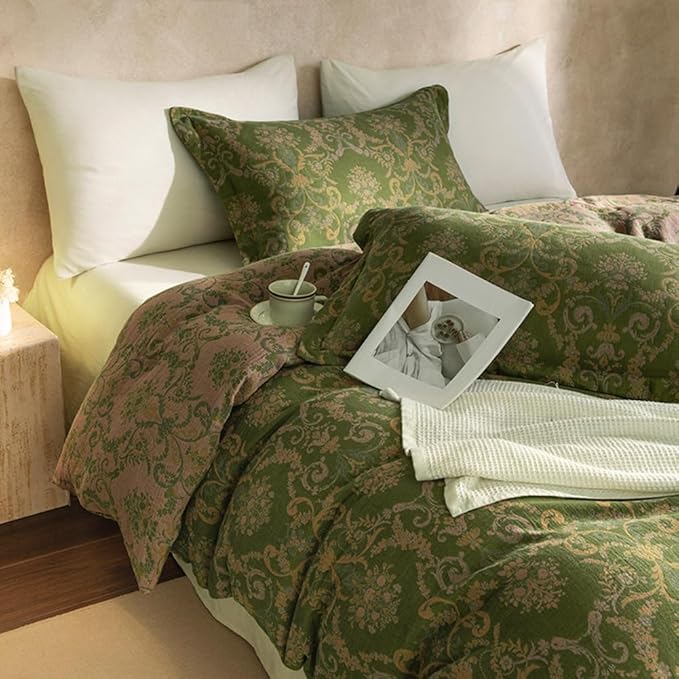 VM VOUGEMARKET Olive Green Duvet Cover Set King,Reversible Medallion Flower Print Bedding Set Linen Cotton Yarn-Dyed Textured Bohemian Duvet Cover with Zipper Closure