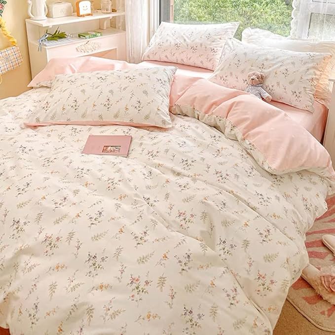 Nayoroom Pink Floral Duvet Cover Queen Size Green Botanical Leaf Printed on White Reversible Coquette Bedding Set 3 Pcs Soft Microfiber Spring Cottagecore Comforter Cover with Zipper Closure