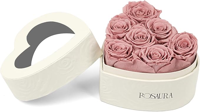 Rosaura Heart-Shaped Preserved Roses Gift Box - Real Forever Flowers for Birthday, Valentine's & Mother's Day (Cappuccino, 7 Roses)