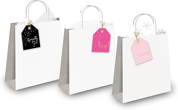 Pro Supply Global 24 Count of 2.5 Inch x 3 Inch Pre Strung Gold Confetti Gift Tag Assorted Printed Designs on Large Cardstock Gift Hang Tags - Ideal to Use on Bags