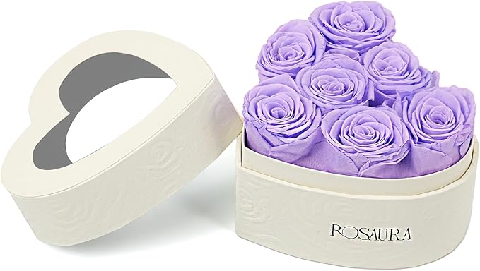 Rosaura Heart-Shaped Preserved Roses Gift Box - Real Forever Flowers for Birthday, Valentine's & Mother's Day (Light Purple, 7 Roses)