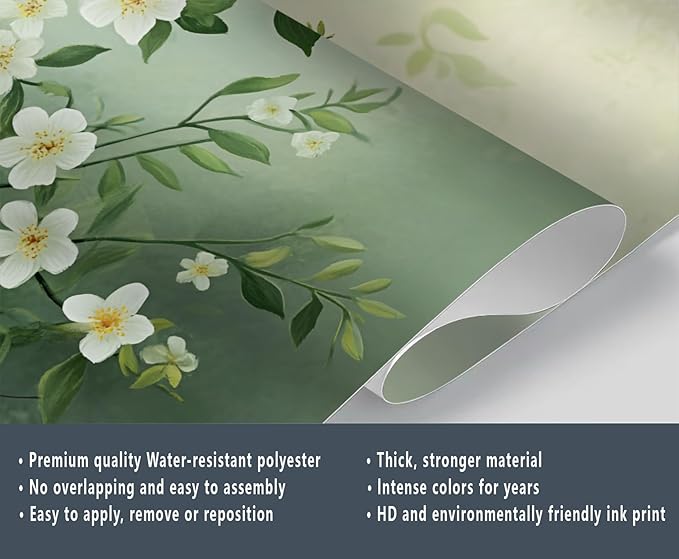 Spring Blossom Floral Wall Mural, Minimalist White Floral 3D Wall Murals, Elegant Botanical Wallpaper Mural, for Living Room Bedroom Large Wallpaper Indoor Decor 177.16" W x120 H
