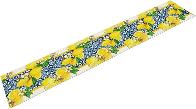 Lemon Table Runner ,Summer Blue Tiles Lemons Kitchen Dining Table Decoration Lemons Table Cover for Indoor Outdoor Home Party Decor, 13 x108 Inch