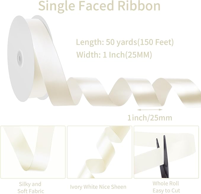 Ivory Ribbon 1 Inch 50 Yards Cream Satin Ribbon for Bows Crafts Home Decor Flower Bouquet Gift Wrapping Wedding Christmas Decorations