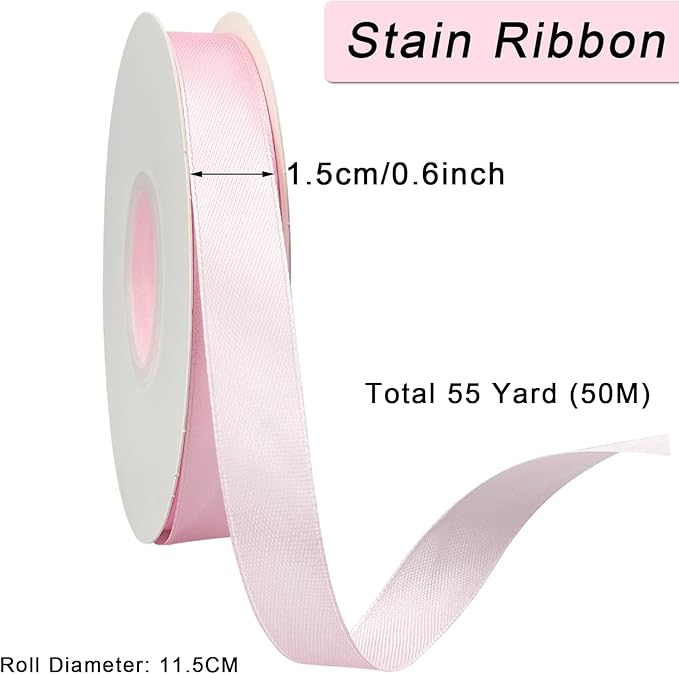 Pink Satin Ribbon 3/5 inch x Continuous 55 Yards Light Pink Ribbons for Crafts Gift Wrapping Bow Wedding Decoration, Pink Ribbon for Flower Bouquet Christmas Halloween Party