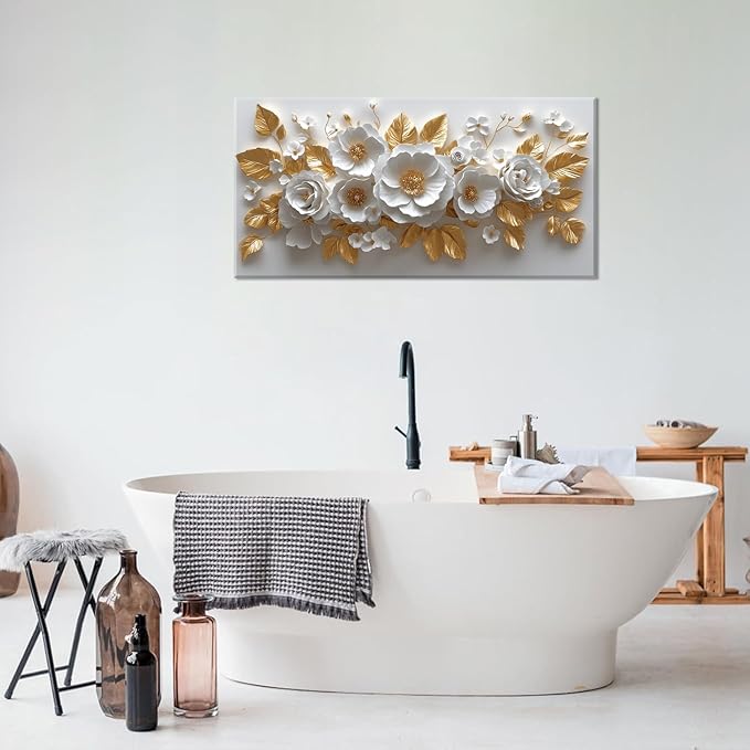 IDAFU Flower Wall Art White Foral and Golden Leaves Wall-décor White Wall Art Floral Painting Pictures for Living Room Bathroom Bedroom Kitchen Office Cuadros Decorativos Para Sala Decor 46L x 23W