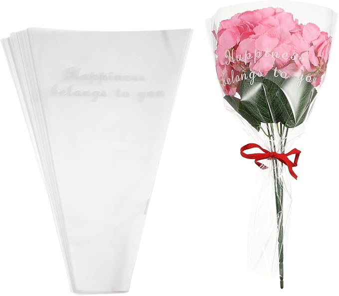 YELARXI Clear Flower Wrapping Bags, Transparent Flower Packaging Bag Waterproof Bouquet Sleeves with Letter - Fitting for (Florists/Floral Arrangements Supplies), 11x3.1x17.7 Inch & 50Pcs