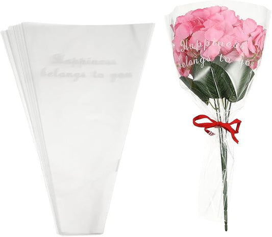 YELARXI Clear Flower Wrapping Bags, Transparent Flower Packaging Bag Waterproof Bouquet Sleeves with Letter - Fitting for (Florists/Floral Arrangements Supplies), 11x3.1x17.7 Inch & 50Pcs