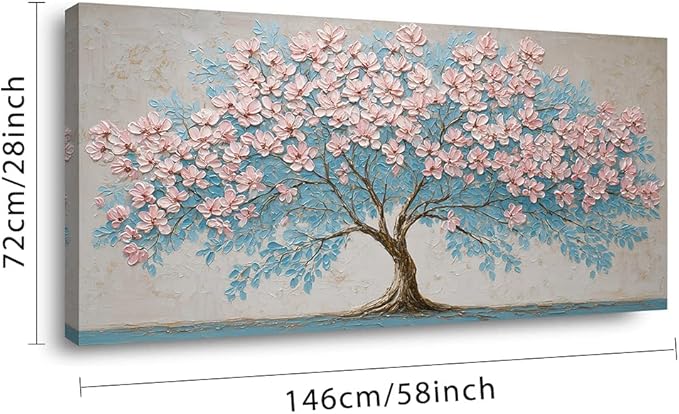 IDAFU Pink Tree of Life Canvas Wall Art Pink Flower Tree Wall Décor Abstract Pink Flowering Tree on Teal Blue Nature Landscape Painting Ready for Living Room, Bedroom, Office Home Décor 58L x 28W