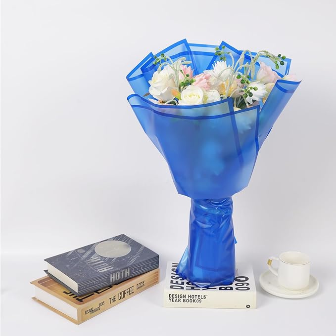 Kosotody 20 Sheets frosted Flowers Wrapping Paper,Waterproof Floral Bouquet Packaging Paper,Crafts Florist Supplies for Wedding Birthday Gift DIY (Blue)…