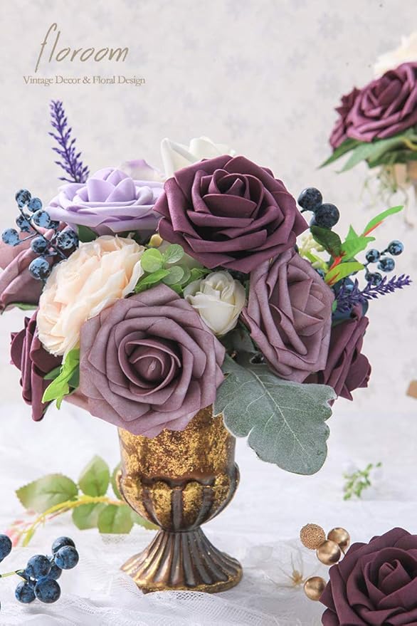Floroom Artificial Flowers 25pcs Real Looking Plum Foam Fake Roses with Stems for DIY Wedding Bouquets Bridal Shower Centerpieces Floral Arrangements Party Home Decorations