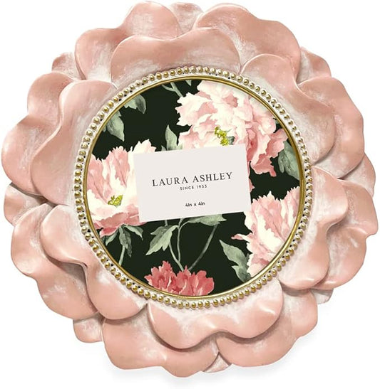 Laura Ashley 4x4 Pink with Gold Round Resin Ornate Flower Design Picture Frame with Beaded Border, for Tabletop and Wall Display, Floral Home Décor (Pink with Gold)