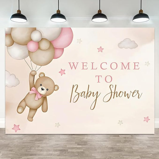 9x6ft Bear Baby Shower Backdrop Brown Pink Hot Air Balloon Photography Background Sky Cloud Star Welcome to Baby Shower Decorations Pregnancy Announcement Portrait Photo Booth Prop