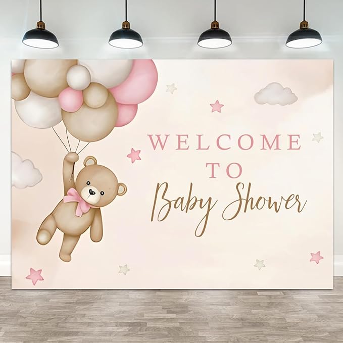 15x8ft Bear Baby Shower Backdrop Brown Pink Hot Air Balloon Photography Background Sky Cloud Star Welcome to Baby Shower Decorations Pregnancy Announcement Portrait Photo Booth Prop