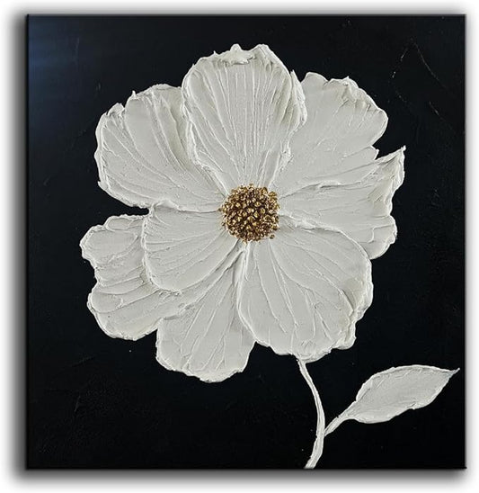 YaSheng Art - Thick Texture Flowers Abstract Oil Painting Hand-Painted Black and White Wall Art Minimalist modern Art Paintings Home Living room Room Dining Room Bedroom Wall Decorative Art Oil Painting 24x24inch