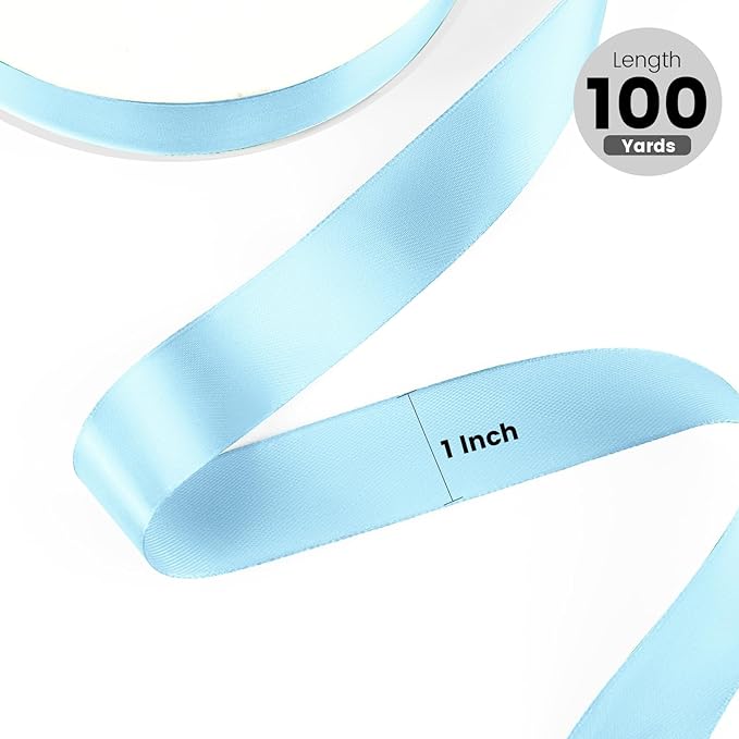 1" x 100 Yards Satin Ribbon - Lihgt Blue Silk Ribbon with Spool - Ideal for Gift Wrapping, Floral Bouquets, Crafts, Wedding Party Decorations, Christmas and Sewing Projects