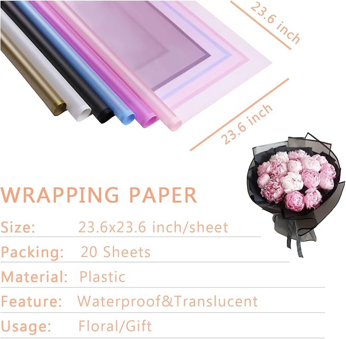 Silver Flower Wrapping Paper, Waterproof Floral Bouquet Wrapping Paper Florist Supplies, 20 Sheets