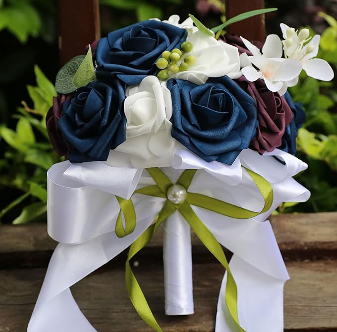 Lightweight Bridal Wedding Bouquet Round Holding Bouquet Throw Toss Artificial Rose Flower Bunch for Bride Bridesmaid Wedding Quinceanera (White, Navy & Dark Puce, 6.7")