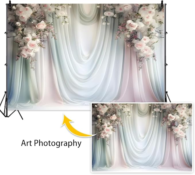 Leowefowa Floral Backdrops for Photoshoot 18x7ft Vinyl White Pink Rose Flower Curtain Wall Photography Background for Bridal Shower Wedding Anniversary Ceremony Party Decorations Banner Studio Props