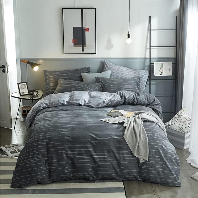 LifeTB Striped Comforter Set Queen Grey Striped Bedding Comforter 3 Pieces Geometric Comforter Set 1 Stripe Comforter Queen with 2 Pillowcases Grey Stripe Fluffy Bed Set for All Seasons