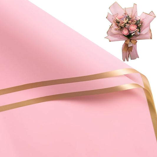 WRAPAHOLIC 20 Sheets Flower Wrapping Paper - 22.4 x 22.4 inch Gold Trim Pink Water-Resistant Floral Bouquet Wrapping Paper, Florist Supplies Packaging Paper for Wedding Birthday Gift DIY