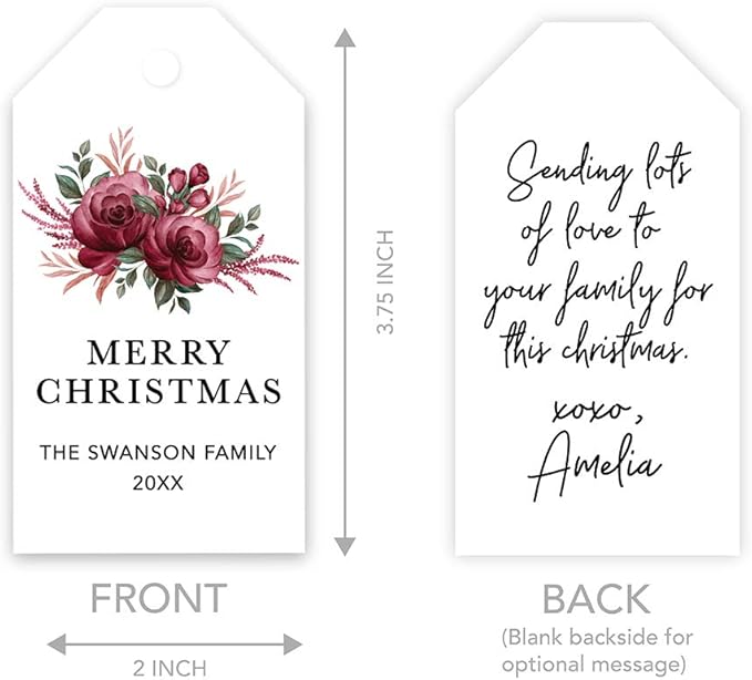 Andaz Press Personalized Christmas Holiday Season Classic Gift Tags, Merry Christmas Custom Family Name and Year, Burgundy Floral Roses Design, for Holiday Events, Parties, and Favors, 60-Pack