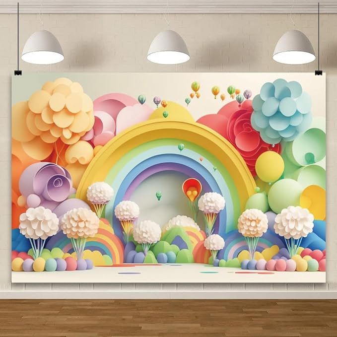 YongFoto Paper Flowers Backdrop 12x8ft Colorful Cut Paper Floral Blossom Rainbow Arch Hot Air Balloon Honeycomb Ball Photography Background Lovely Party Banner Home Decor Photo Studio Booth Props