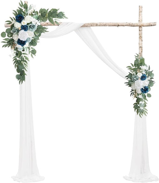 PONATIA Wedding Arch Flowers Kit (Pack of 3) with 26Ft White Arch Draping Fabric, Dusty Blue Flowers for Ceremony and Reception Wedding Decoration