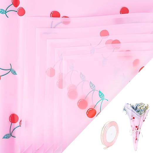 20 Sheets Bouquet Wrapping Paper, 22.4Inch Pink Cherry Pattern Flower Floral Wrapping Pink Floral Paper for Bouquets Kit, Waterproof Decorations with Ribbon for DIY Crafts Wedding Birthday Party