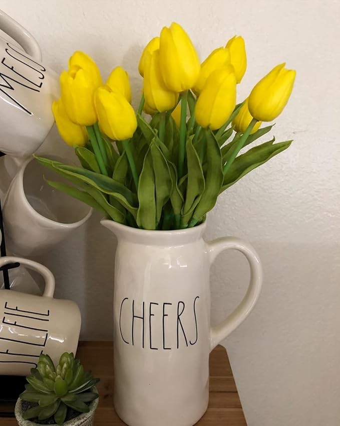 Beferr Tulips Artificial Flowers 18Pcs Faux Tulip Real Touch Tulip Fake Flowers Bouquets Arrangements for Mothers Day Spring Easter Home Wedding Table Decor Yellow
