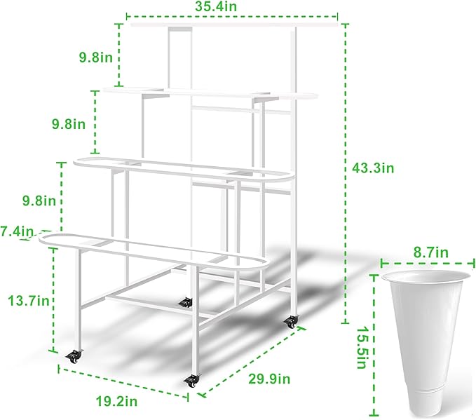 Flower Display Stand with 16PCS Buckets, 4 Layers Flower Cart Display Stand with Wheels Heavy Duty Metal Flower Bar Stand - White
