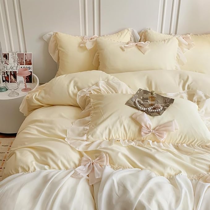 Ruffled Bedding Bow Duvet Cover Set with Butterfly Tie, Full Comforter Cover Set, Shabby Chic Bedding Set,Romantic French Princess Style -Yellow,Full