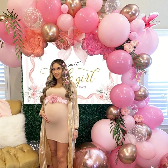 Pink Floral Baby Shower Backdrop Bow Flowers A Sweet Little Girl is on The Way Photography Background Princess Bowknot Girl Gender Reveal Party It’s a Banner with Copper Grommets