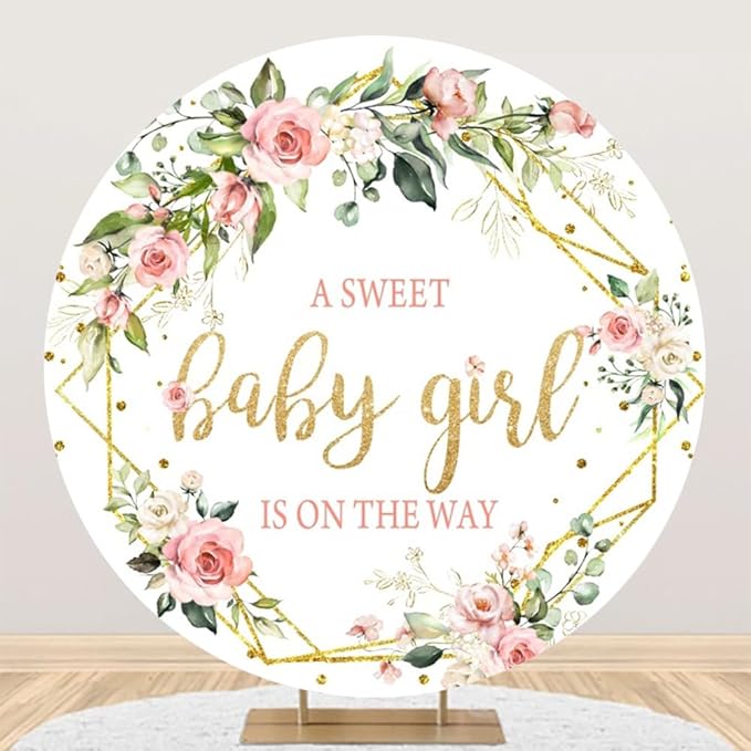 Baby Shower Backdrop 5ft Pink Floral Circle Background Flowers Green Leaves Baby Girl Shower Decor Banner Photo Studio Prop