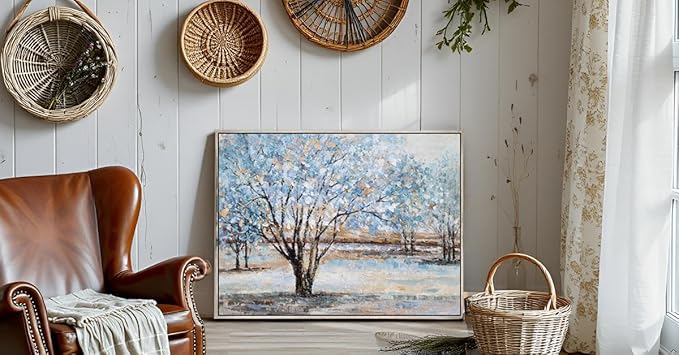 Yihui Arts Tree Canvas Wall Art - Hand Painted Textured Blue and Gold Foil Abstract Forest Landscape Modern Artwork for Living Room, Bedroom, and More