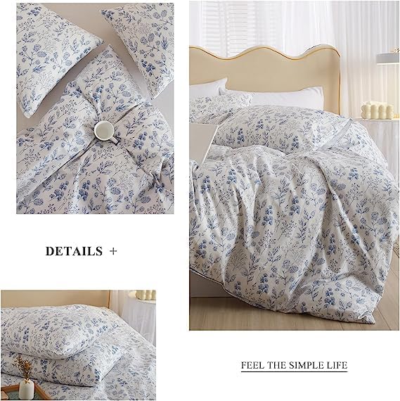 LifeTB Vintage Style Cotton Floral Duvet Cover Queen Boho Blue Floral Bedding Sets Chic Shabby Aesthetic Floral Comforter Cover Soft Botanical Bedding Sets 1 Queen Duvet Cover 2 Pillow Shams
